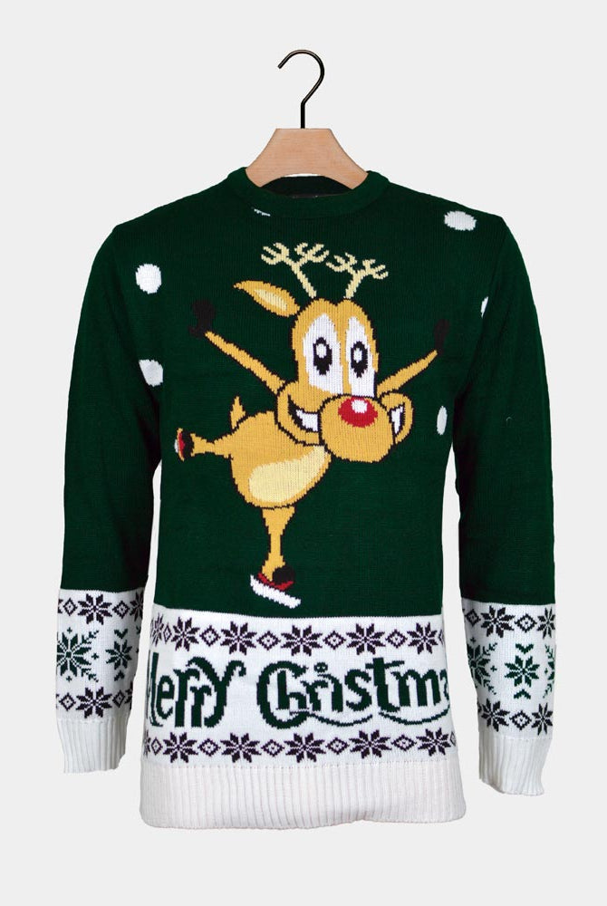 sueter de Navidad para Hombre Verde con Reno Patinando