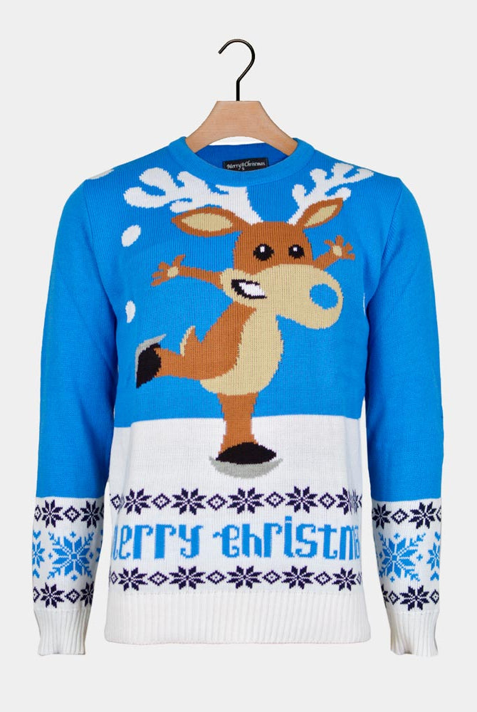 sueter de Navidad para Mujer Azul con Reno Patinando