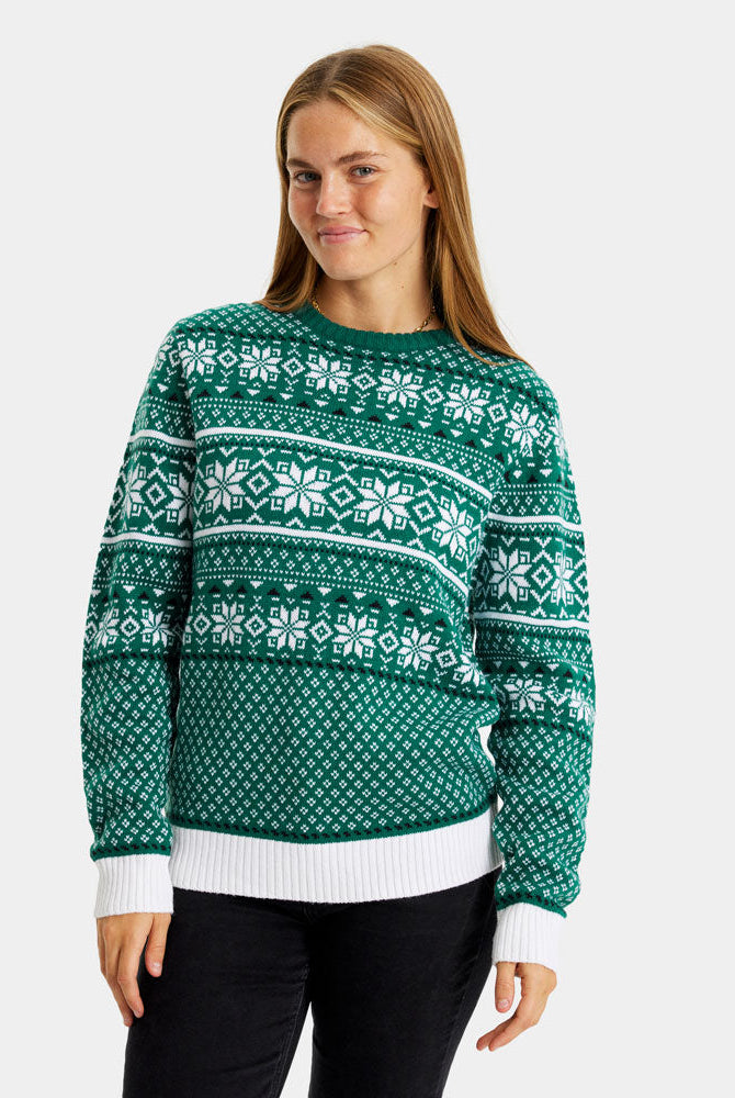 Suéter de Navidad Mujer Clásico Verde y Blanco Elegante