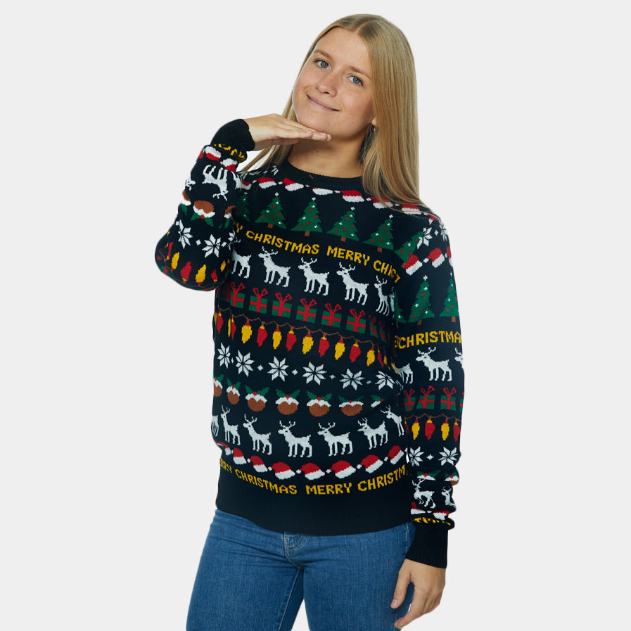 Suéter de Navidad Mujer Negro con Árboles, Renos y Regalos