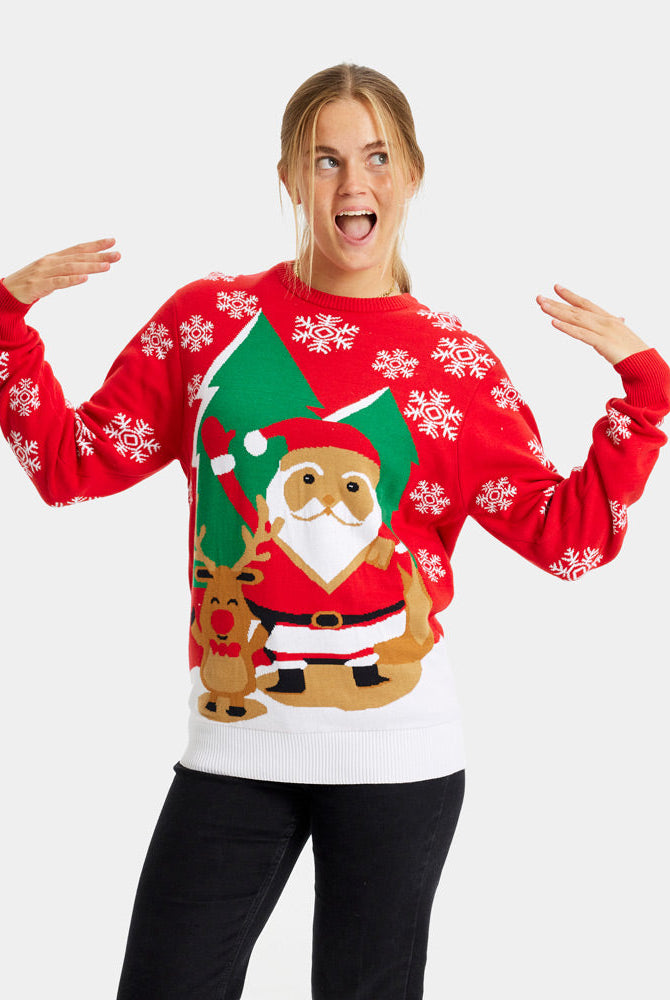 Suéter de Navidad para Mujer Rojo con Santa Claus y Reno Saludando