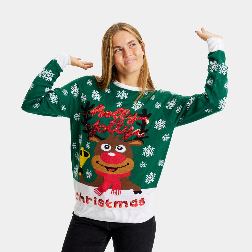 Suéter de Navidad Mujer Verde Holly Jolly Lentejuelas