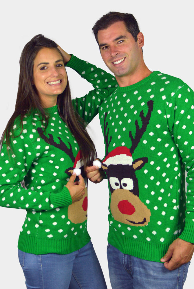 Suéter de Navidad para Mujer Verde Reno con Gorro en 3D Preja