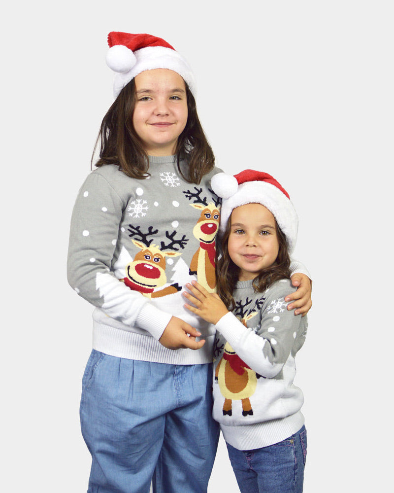 Suéter de Navidad para Niña Gris con Renas Cute