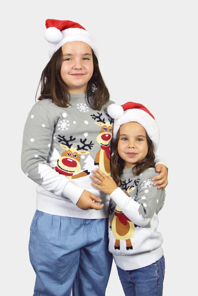 Suéter de Navidad para Niña Gris con Renas Cute