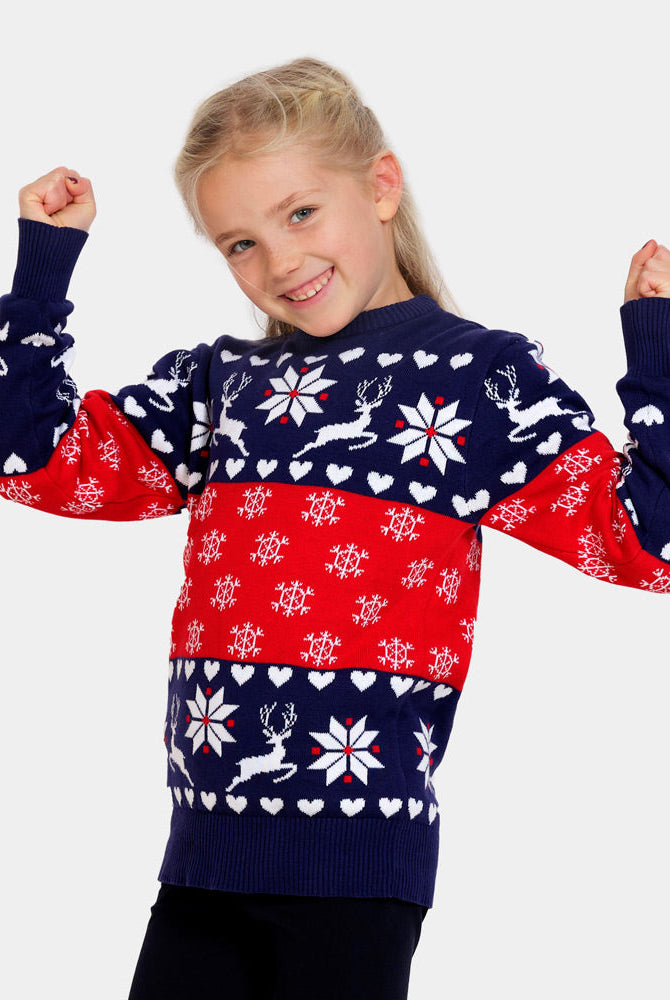 Suéter de Navidad para Niña Renos y Corazones Azul y Rojo
