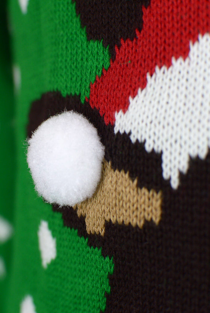 Suéter de Navidad para Niña y Niño Verde Reno con Gorro en 3D Detalle