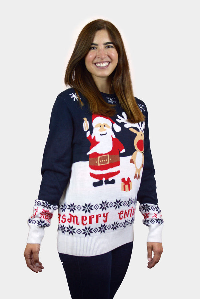 Suéter de Navidad Parejas Azul Papá Noel Reno Rudolph Algodón Orgánico mujer