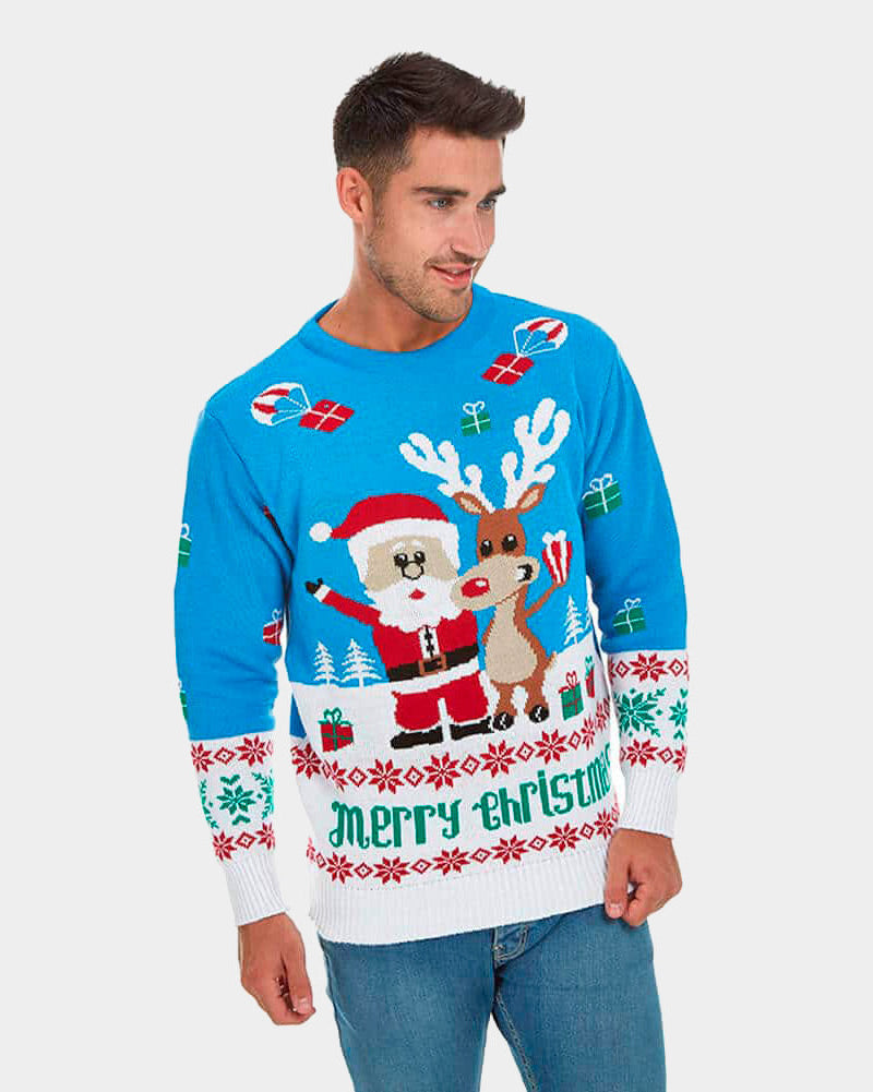 Jersey de Navidad Parejas Azul Claro con Reno Rudolph y Papá Noel Hombre