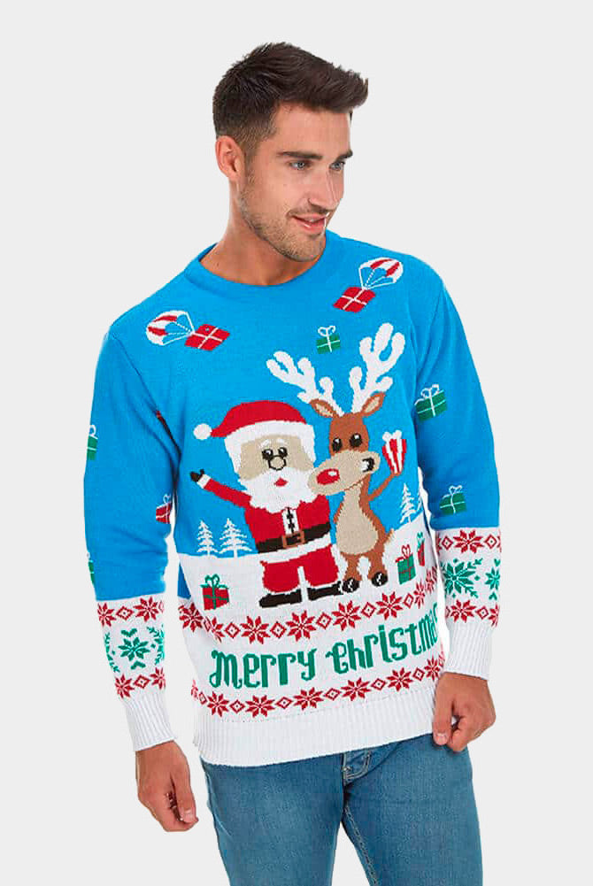 sueter de Navidad Parejas Azul Claro con Reno Rudolph y Papá Noel Hombre