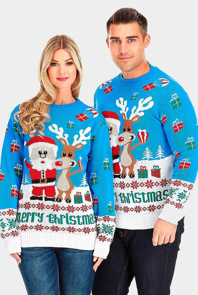 sueter de Navidad Parejas Azul Claro con Reno Rudolph y Papá Noel