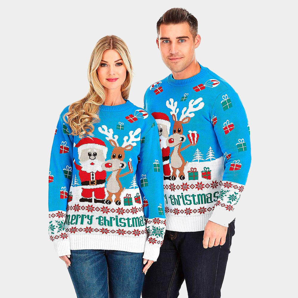 sueter de Navidad Parejas Azul Claro con Reno Rudolph y Papá Noel