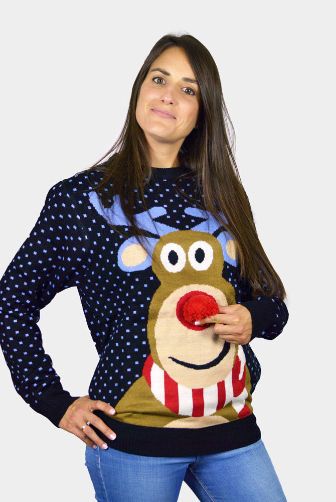 Suéter de Navidad Parejas Azul Reno Rodolfo con Nariz Roja en 3D mujer