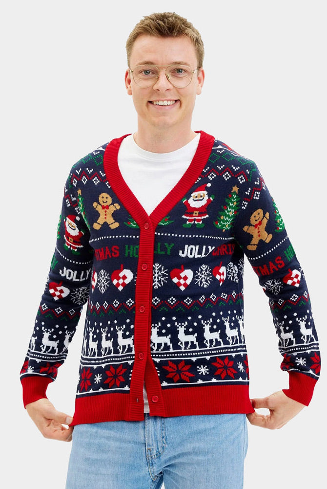 Suéter de Navidad Parejas Cárdigan Azul y Rojo Hombre