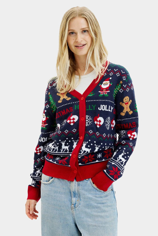 Suéter de Navidad Mujer Parejas Cárdigan Azul y Rojo
