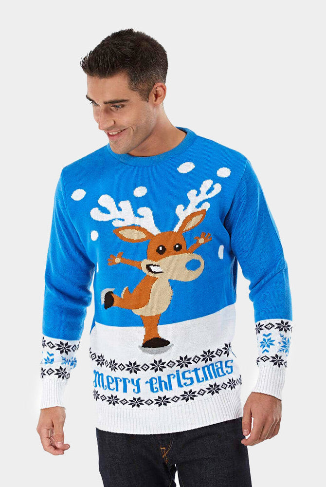 sueter de Navidad Parejas con Reno Patinando Azul Claro Hombre
