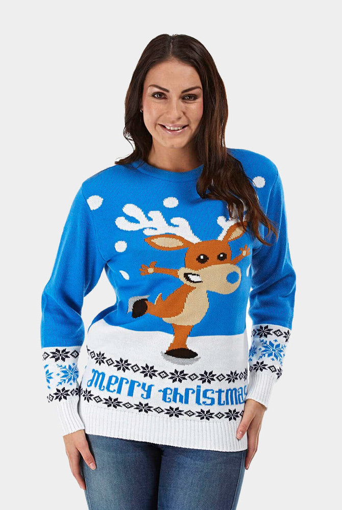 sueter de Navidad Parejas con Reno Patinando Azul Claro Mujer