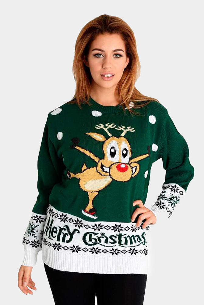sueter de Navidad Parejas con Reno Patinando Verde Mujer