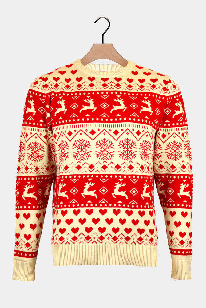 Suéter de Navidad Parejas Corazones Rojos Beige Algodón Orgánico