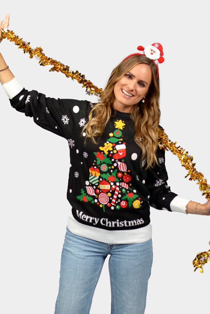 Suéter de Navidad Parejas Negro mujer Árbol de Navidad