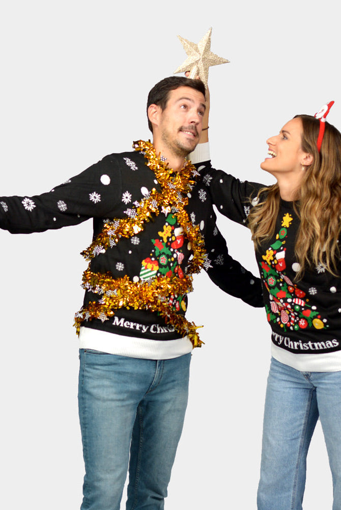 Suéter de Navidad Parejas Negro con Árbol de Navidad