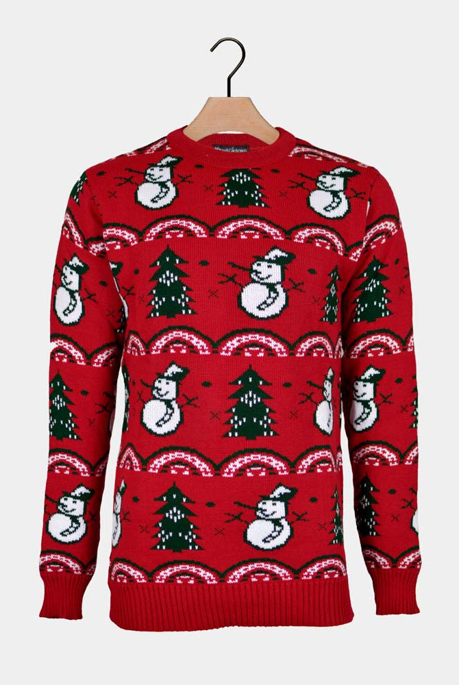 sueter de Navidad para Mujer Rojo con Pinos y Muñecos de Nieve