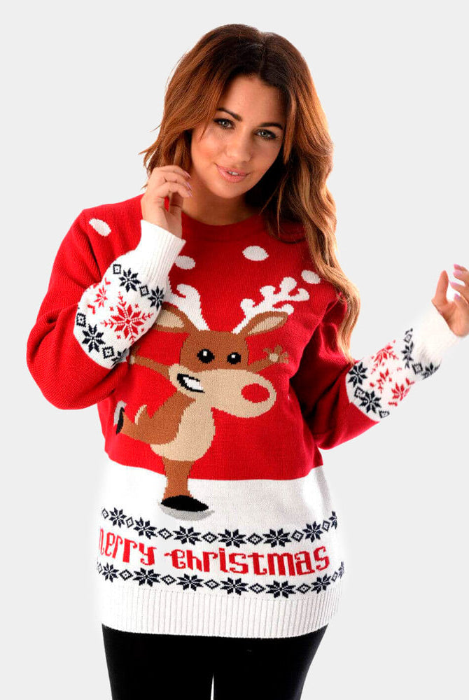 Suéter Navideño Mujer Rojo Reno Patinando