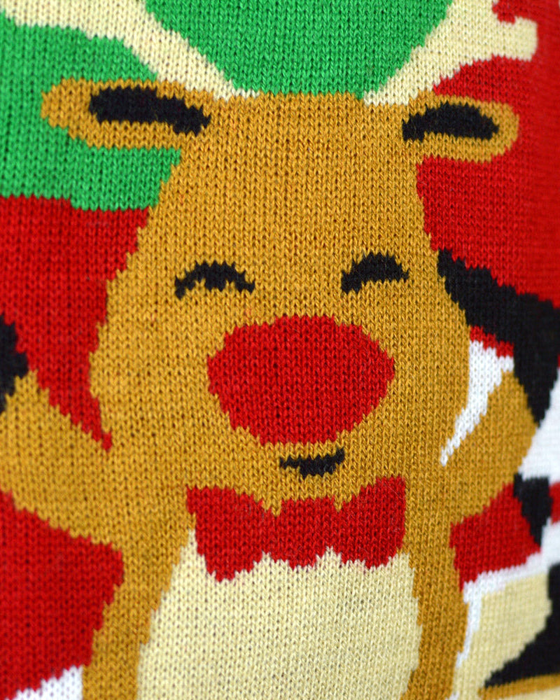 Suéter de Navidad Parejas Rojo con Santa Claus y Reno Saludando Detalle Nieve