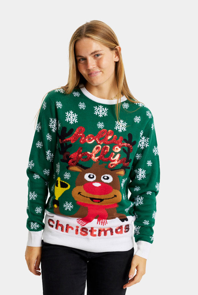Lentejuelas Suéter de Navidad Parejas Verde Holly Jolly