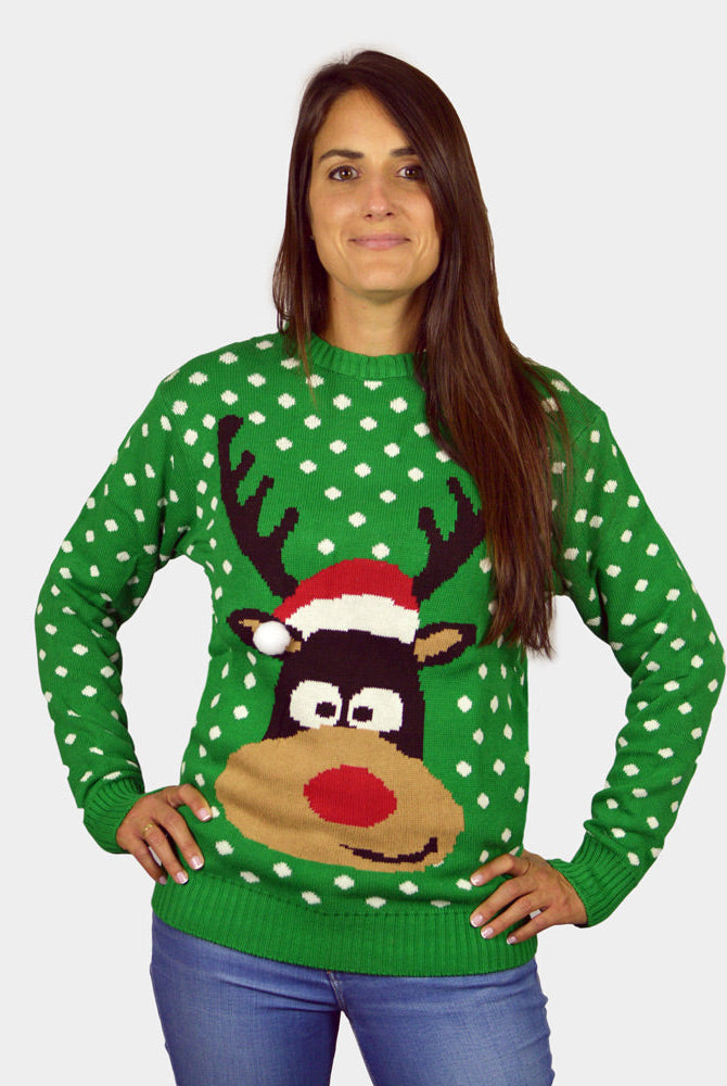 Suéter de Navidad Parejas Verde Reno con Gorro en 3D mujer
