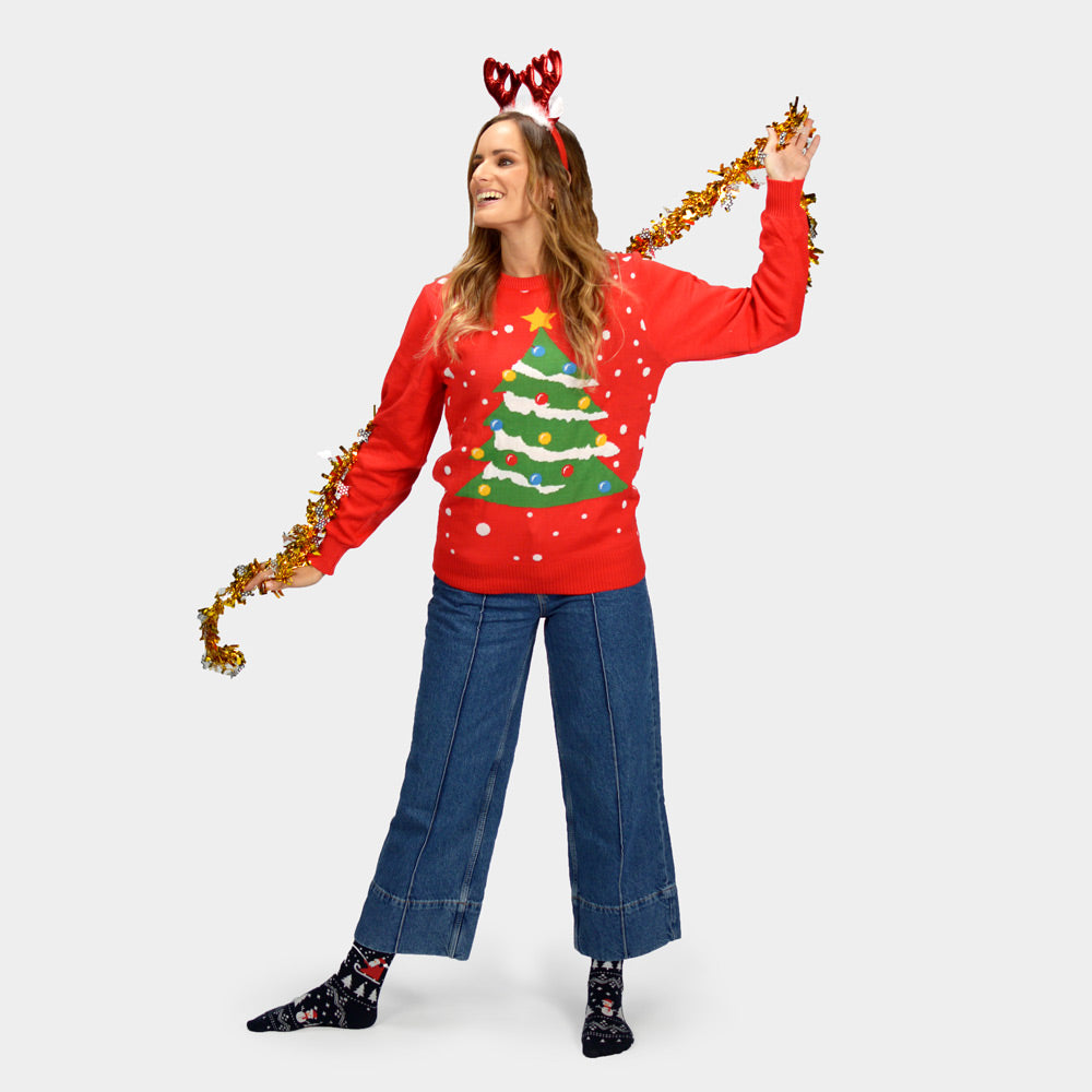 Suéter de Navidad para Mujer Rojo Árbol de Navidad con Diadema