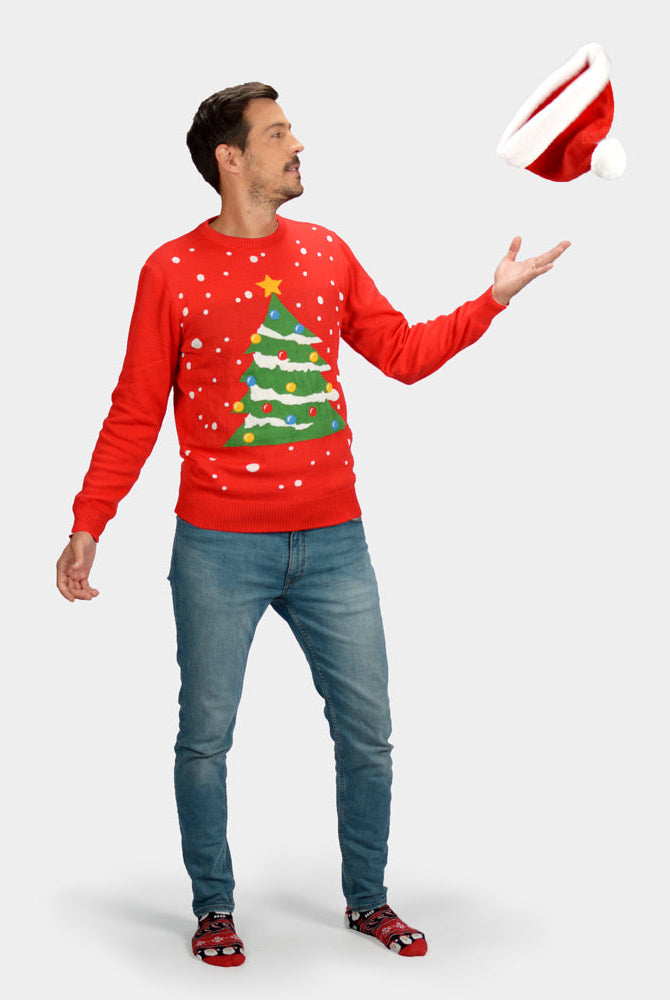 Suéter de Navidad para Hombre Rojo Árbol de Navidad Parejas con Gorro