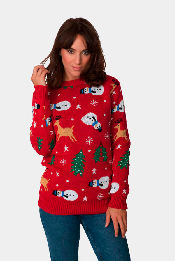 sueter Navideño Rojo con Muñecos, Renos y Árboles Mujer