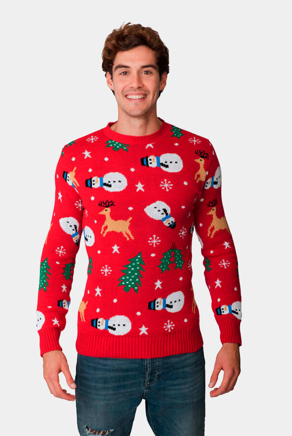 sueter Navideño Rojo con Muñecos, Renos y Árboles Hombre