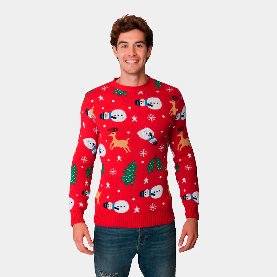 sueter Navideño Rojo con Muñecos, Renos y Árboles Hombre