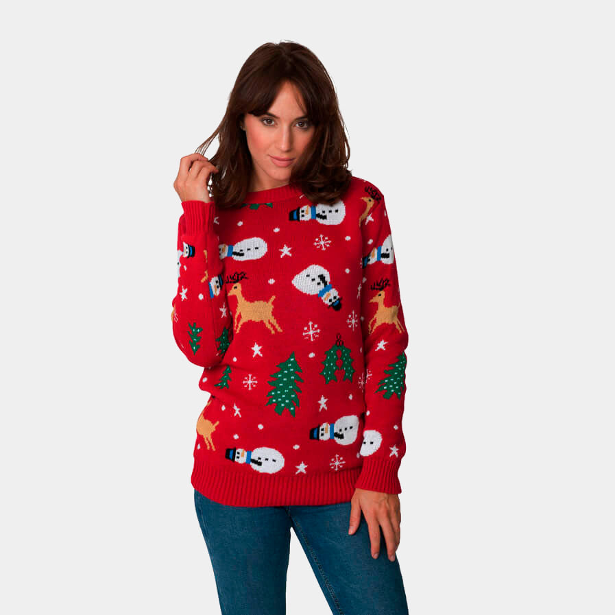 sueter Navideño Rojo con Muñecos, Renos y Árboles Mujer