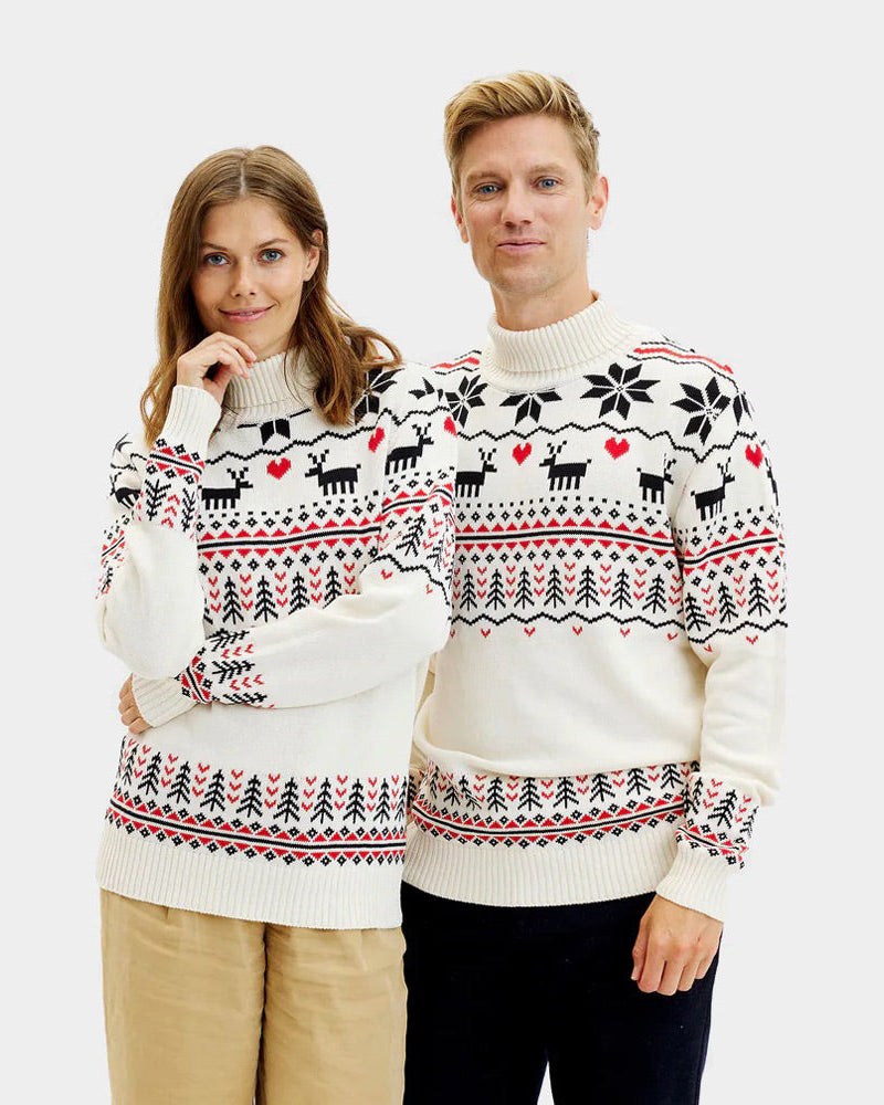 Suéter de Navidad de cuello alto Parejas Elegante Beige Algodón Orgánico