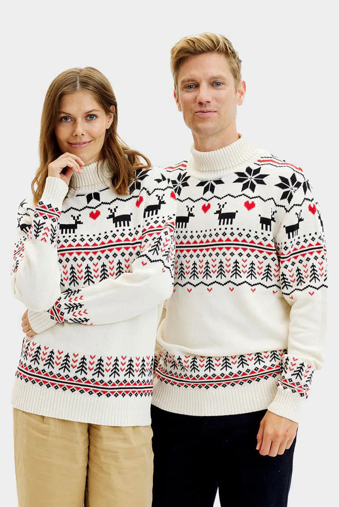 Suéter de Navidad de cuello alto Parejas Elegante Beige Algodón Orgánico