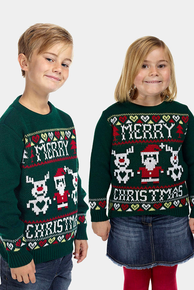 Suéter de Navidad para Familia con Renos y Papá Noel Merry Christmas Niño y Niña