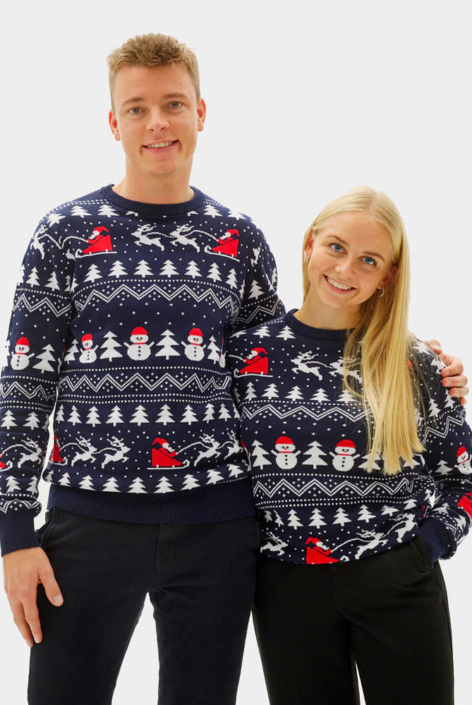 Suéter de Navidad Parejas con Árboles, Muñecos y Papá Noel Algodón Orgánico