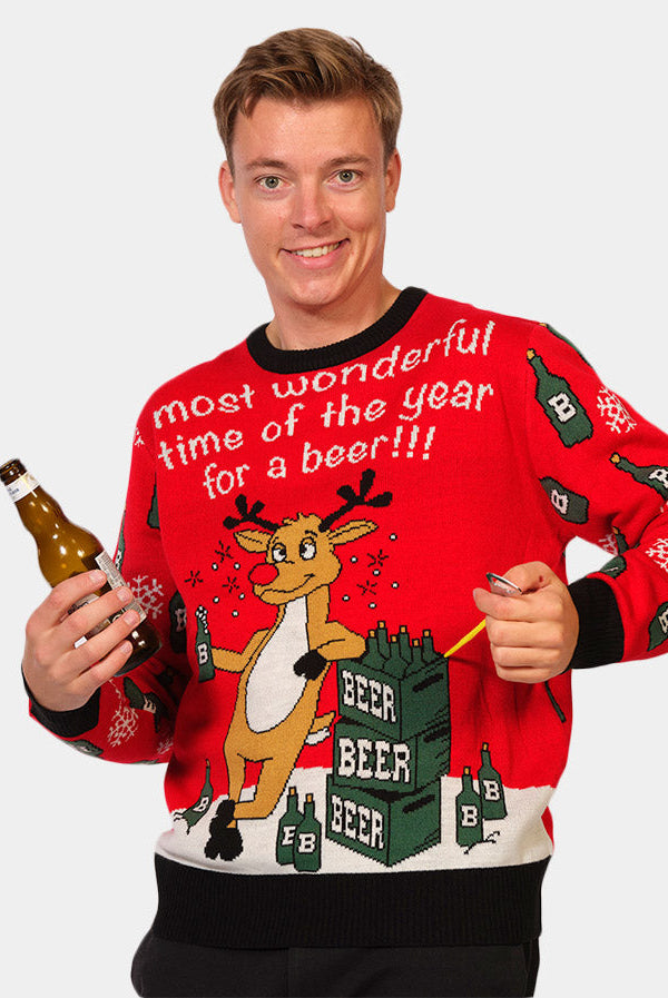 Suéter Navideño para Hombre Reno con Abridor de Cerveza 3D