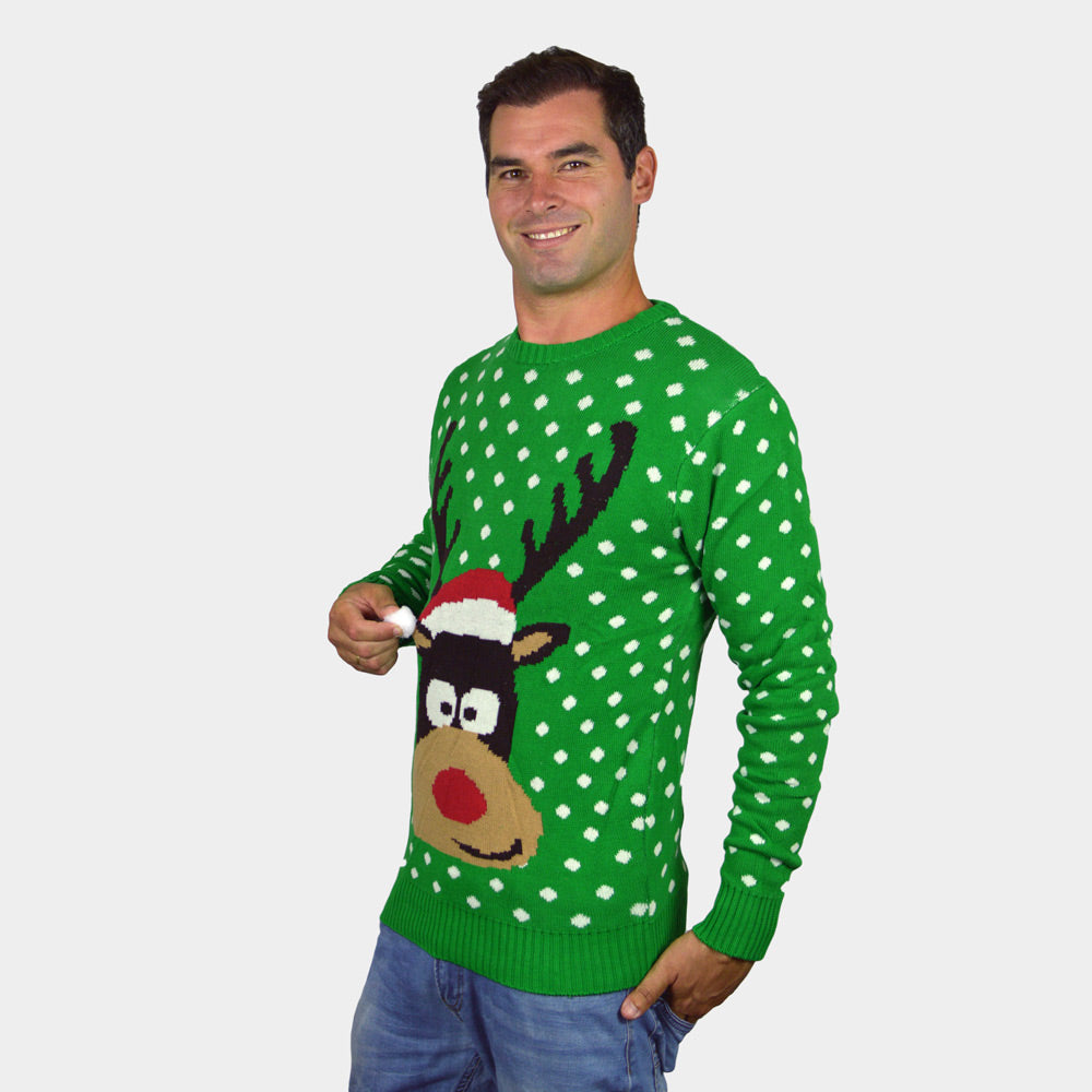 Suéter de Navidad Hombre Verde Reno con Gorro en 3D