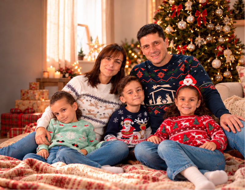 Familia usando suéteres navideños con diseños exclusivos