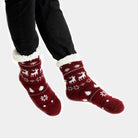 Calcetas Navideñas Afelpadas Burdeos con Cenefas unisex