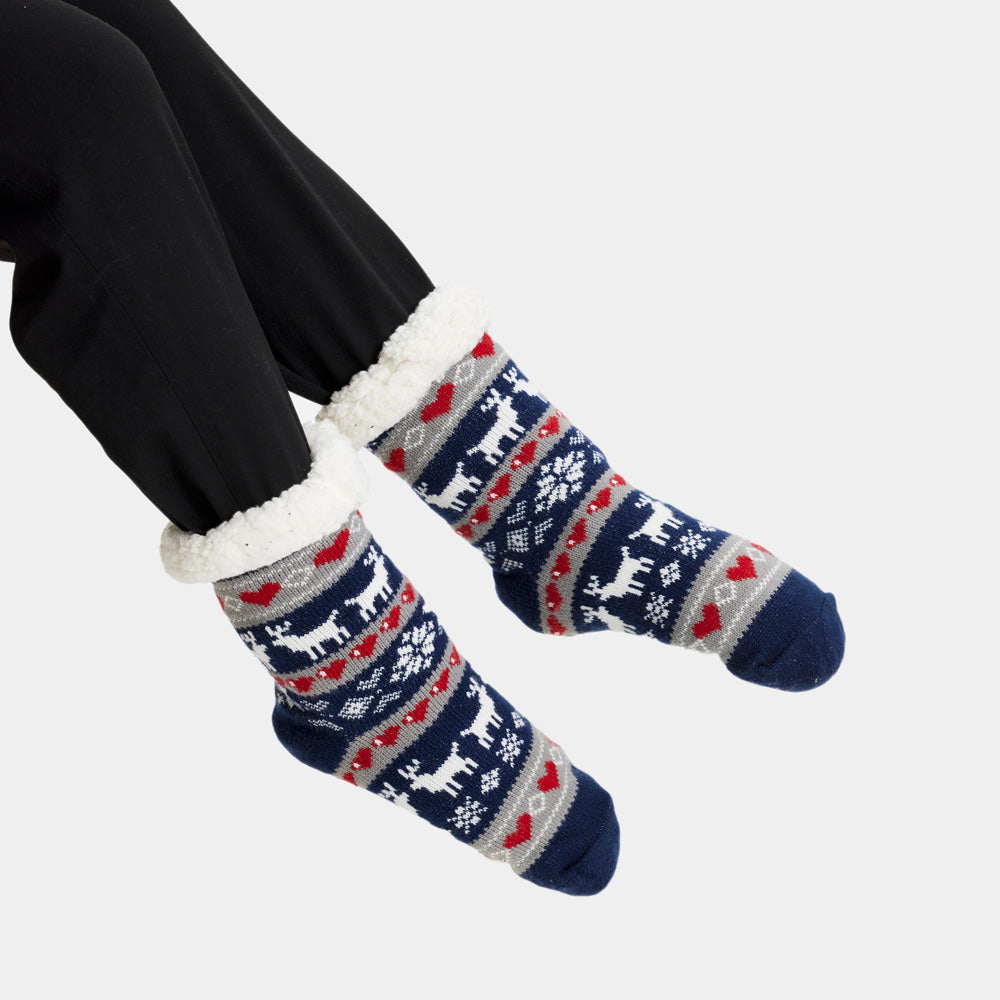 Calcetas Navideñas Afelpadas Azules con Renos y Nieve unisex