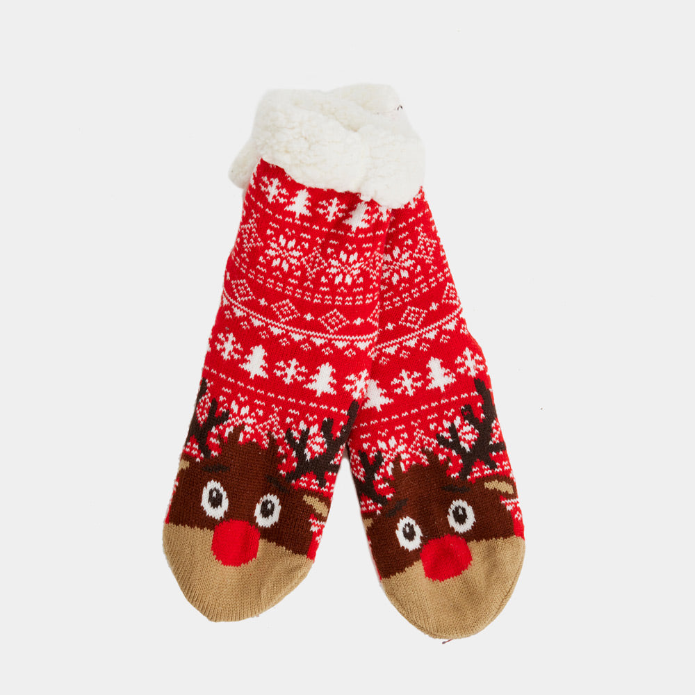 Calcetas Navideñas Afelpadas Rojos Cenefas y Renos