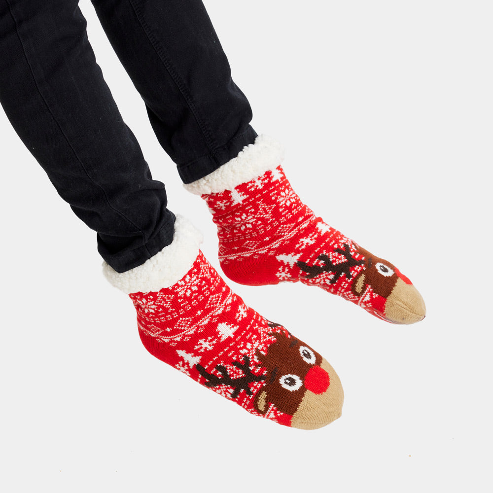 Calcetas Navideñas Afelpadas Rojos Cenefas y Renos unisex