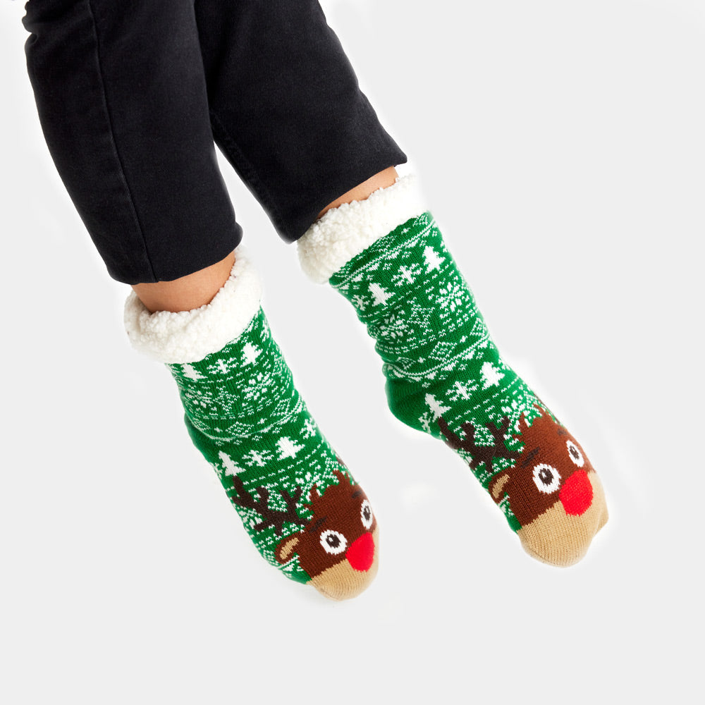 Calcetas Navideñas Afelpadas Verdes Cenefas y Renos unisex