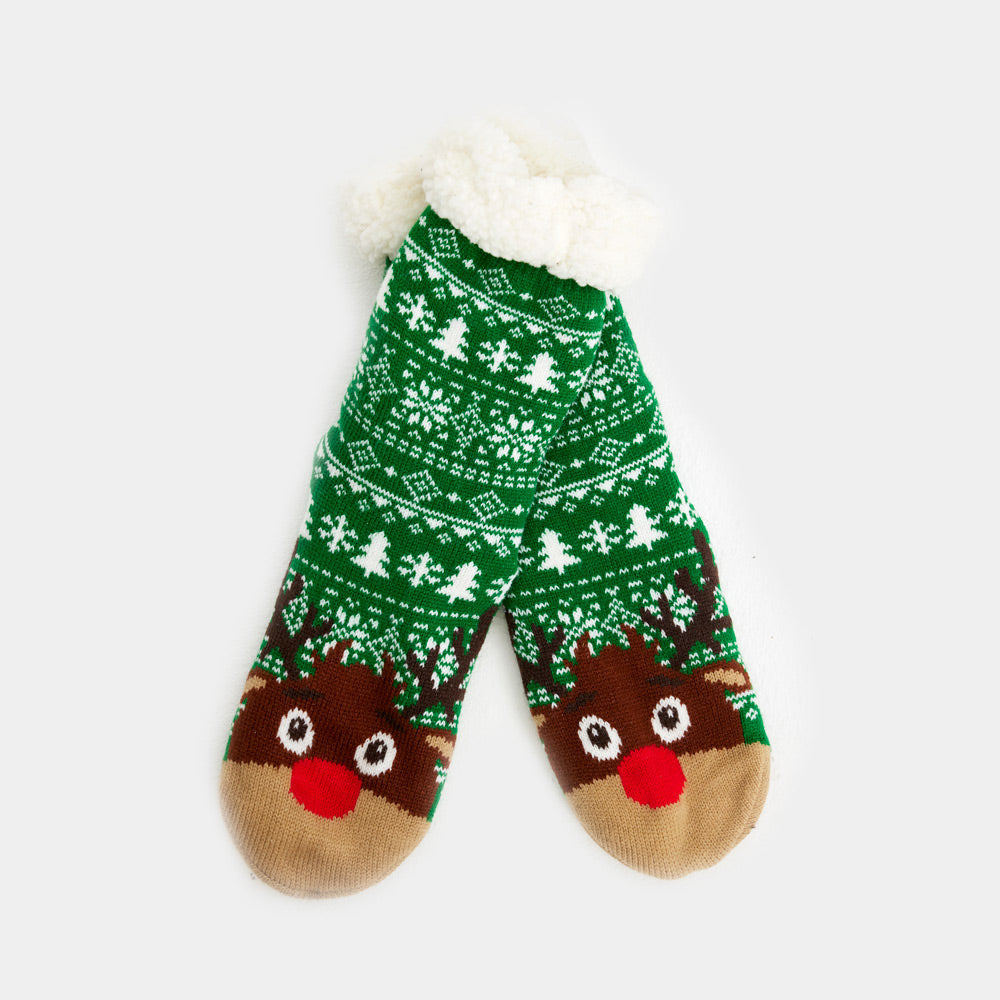Calcetas Navideñas Afelpadas Verdes Cenefas y Renos – Suéter Navideño