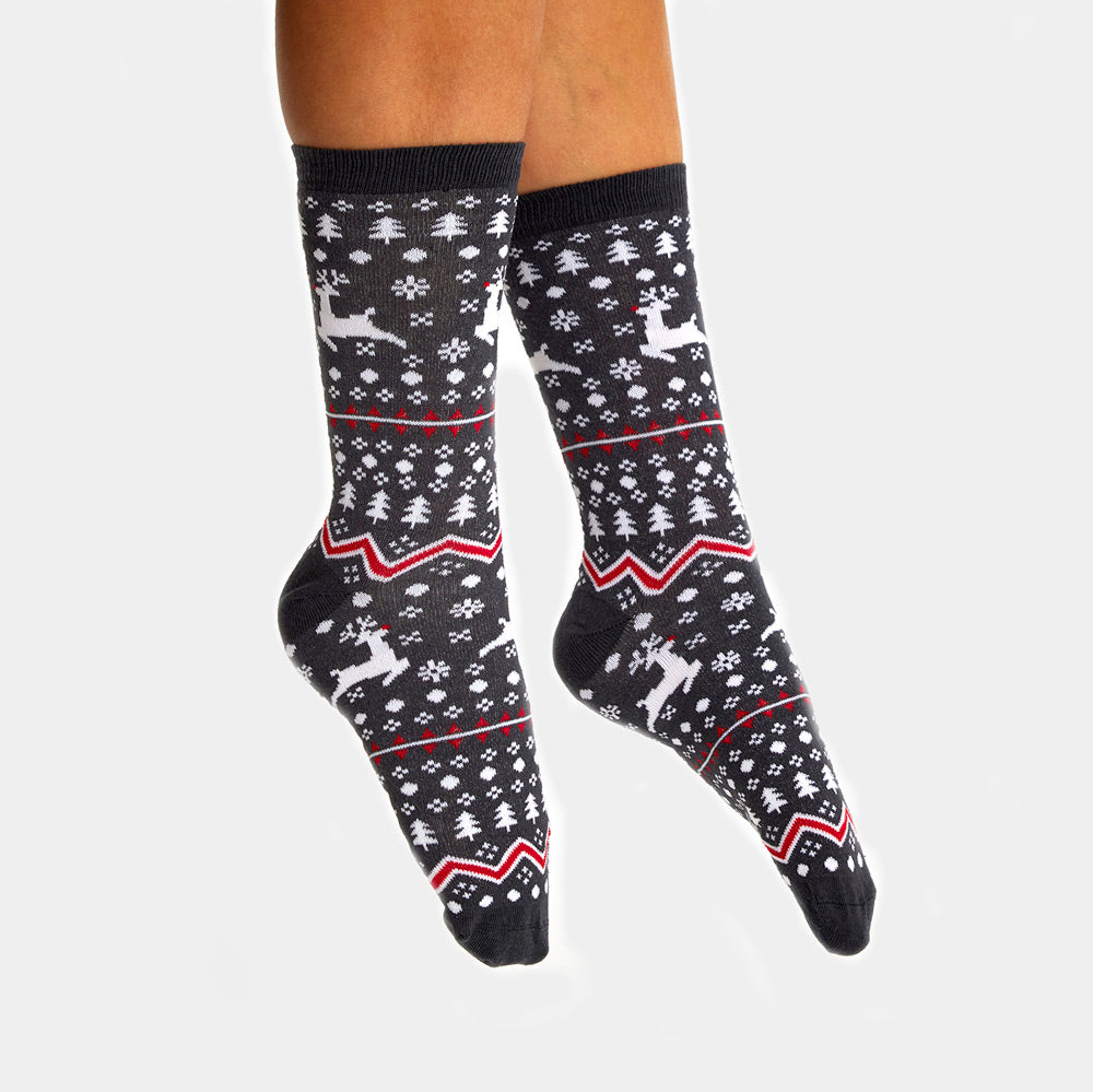 Calcetines Navideñas Unisex Grises Renos y Árboles Hombre y Mujer
